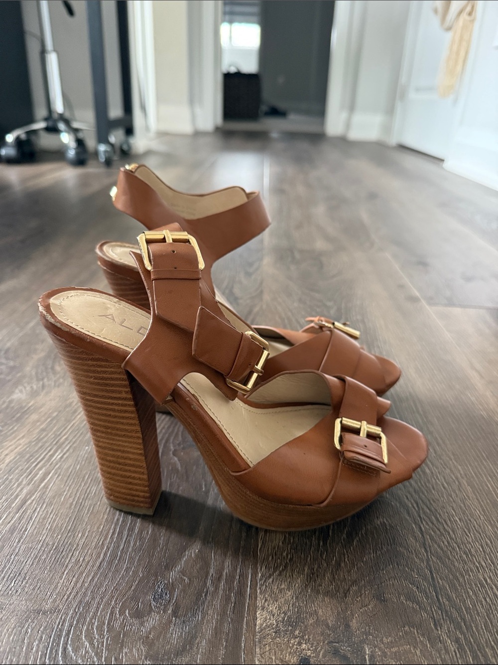 Aldo Tan Brown Leather Platform Heeled Sandals with Gold Buckles